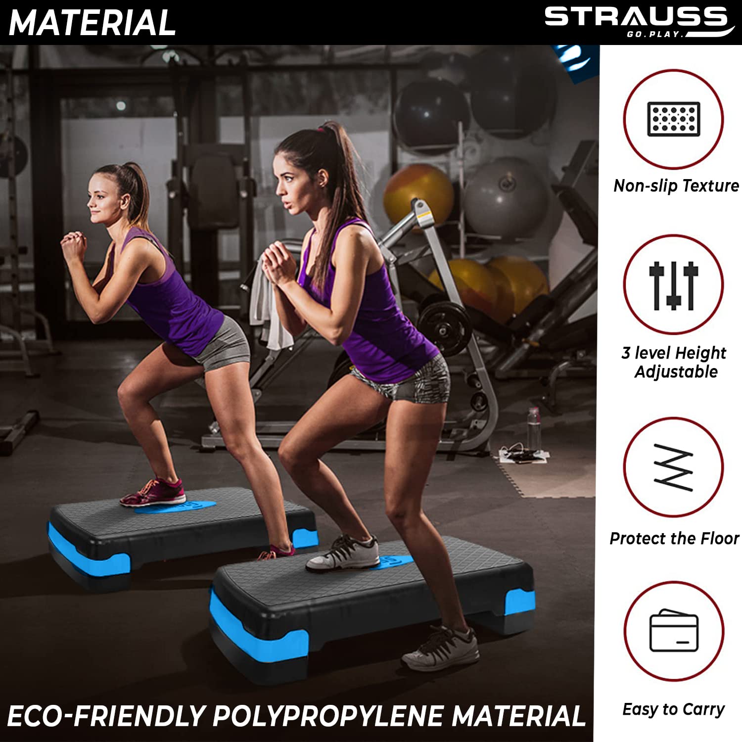 Strauss Aerobic Stepper | Two Height Level Adjustments - 4 inches and 6 inches | Slip-Resistant & Shock Absorbing Platform for Extra-Durability - Supports Upto 200 KG, (Blue)