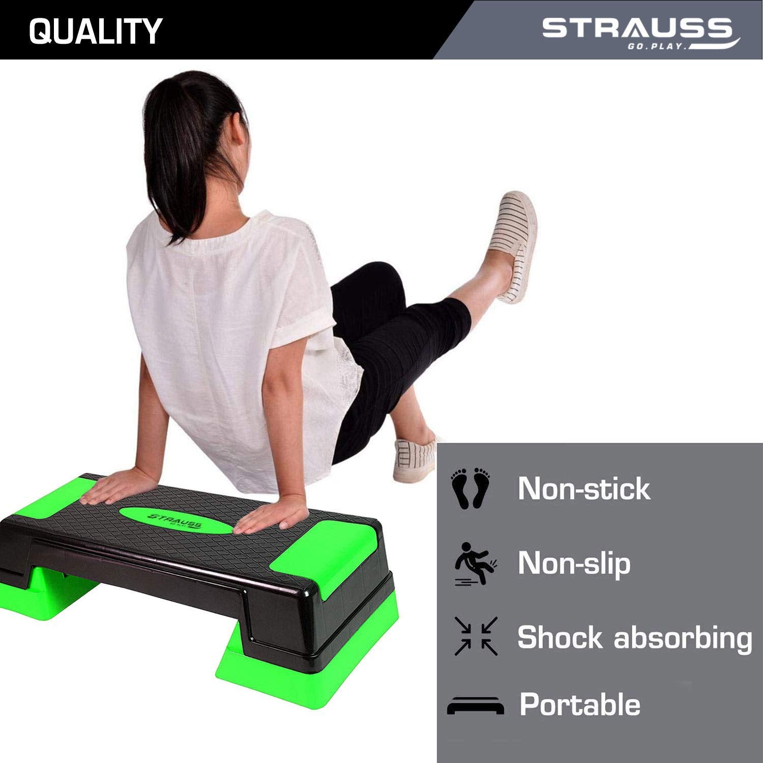 Strauss High Rise Aerobic Stepper | Two Height Level Adjustments - 6 inches and 8 inches | Slip-Resistant & Shock Absorbing Platform for Extra-Durability - Supports Upto 200 KG, (Green)