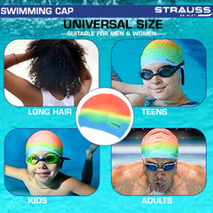 Strauss Latest Designed Swimming Cap | Keeps Hair Clean with Ear Protector | Suitable For Long and Short Hair | Swimming Head Cap With Breathable Fabric | Waterproof Swim Cap for Adult, Woman and Men ,(Orange Mix Color)