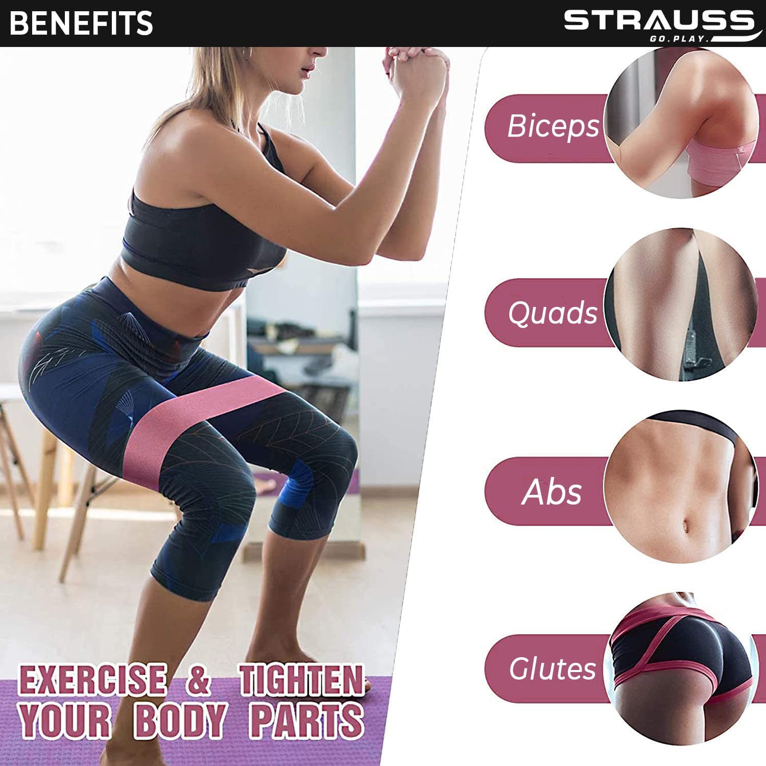 Strauss Premium Fabric Resistance Bands, Single, (Pink)