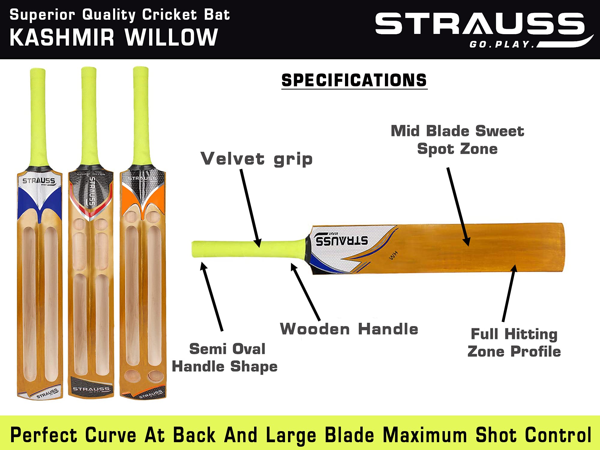 Strauss Blaster Scoop Tennis Cricket Bat,Full Duco,Golden, (Wooden Handle)