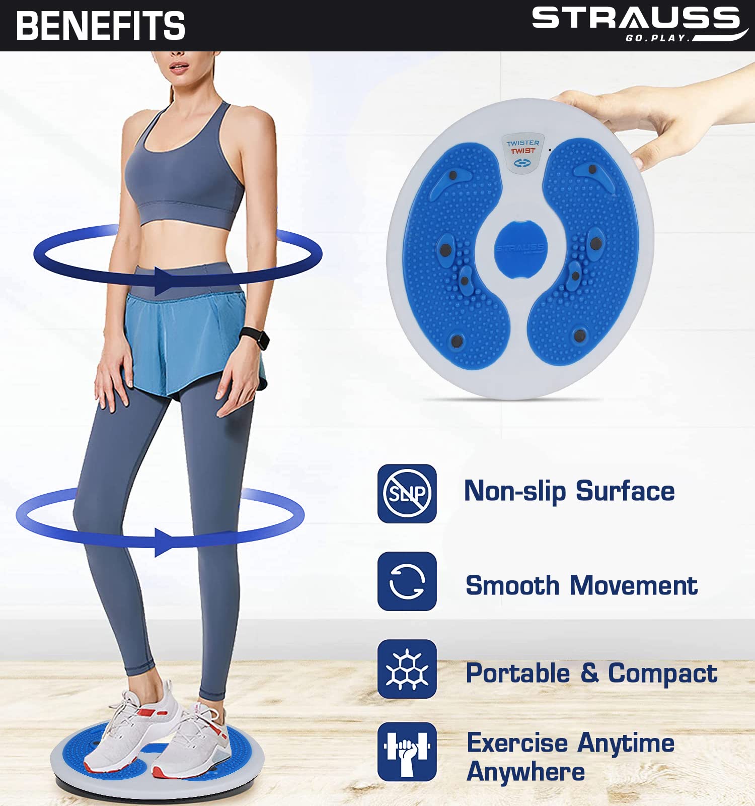 Strauss Tummy Twister | Tummy Trimmer, Abs Roller & Tummy Shaper for Women & Men | Fat Burner Slimming Machine with Non-Slip Surface | Ideal Exercise Equipment For Home,(Blue)
