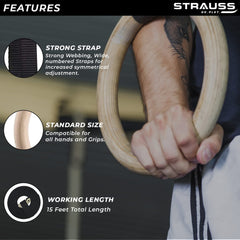 Strauss Wooden Gymnastics Ring with Adjustable Straps for Crossfit & Strength Training, (White)