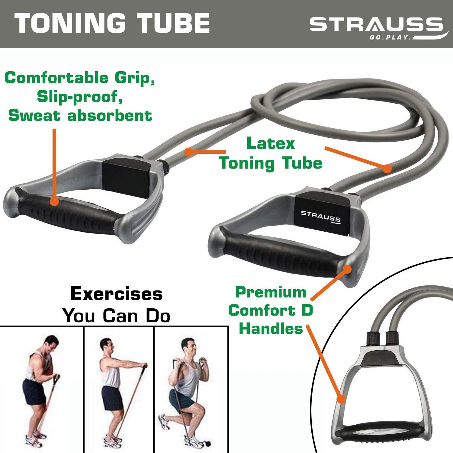 Strauss Double Toning Tube, (Grey) With Hand Grip And Skipping Rope