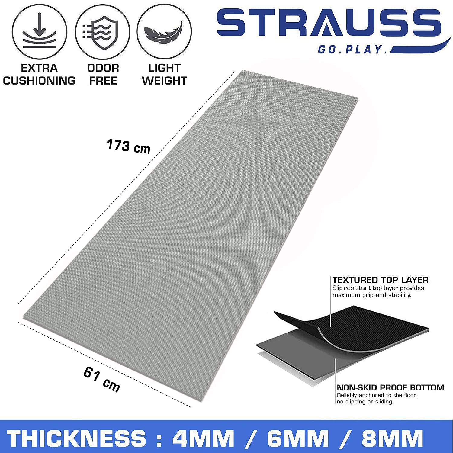 Strauss Yoga Mat 6mm Grey With Yoga Block And Belt