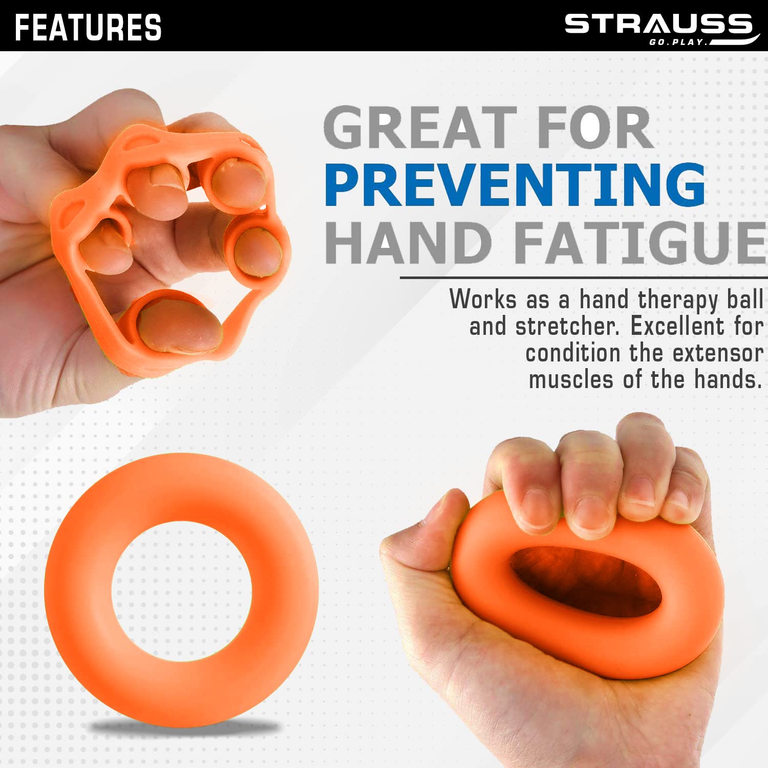 STRAUSS Silicon Finger Stretcher, Hand Grip Exerciser, Set of 2, (Orange)