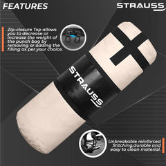 Strauss Canvas Heavy Duty Filled Gym Punching Bag | Comes with Hanging S Hook, Zippered Top Head Closure & Heavy Straps | 3 Feet, (Cream/Black)