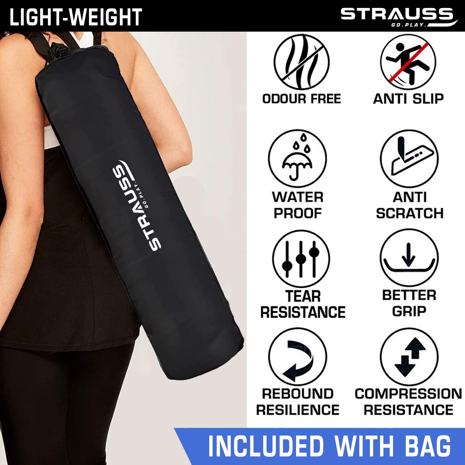 Strauss Anti Skid TPE Yoga Mat with Carry Bag, 4mm, (Purple)