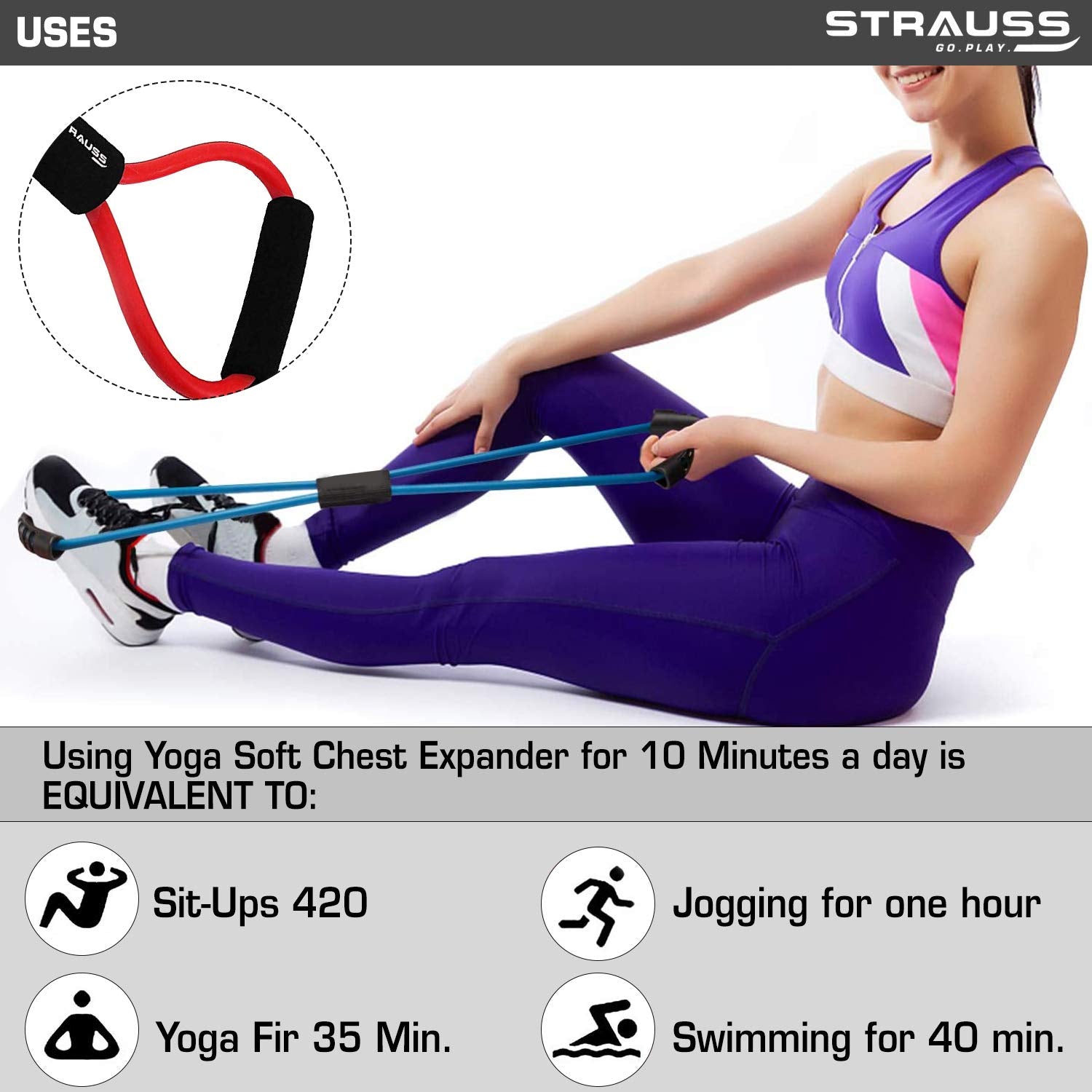 Strauss Yoga Chest Expander | Ideal for Yoga, Gym, Home Workout | Premium Natural Latex, Lightweight, Soft & Comfortable Handle | 8 Shape Toning & Resistance Tube, (Red)