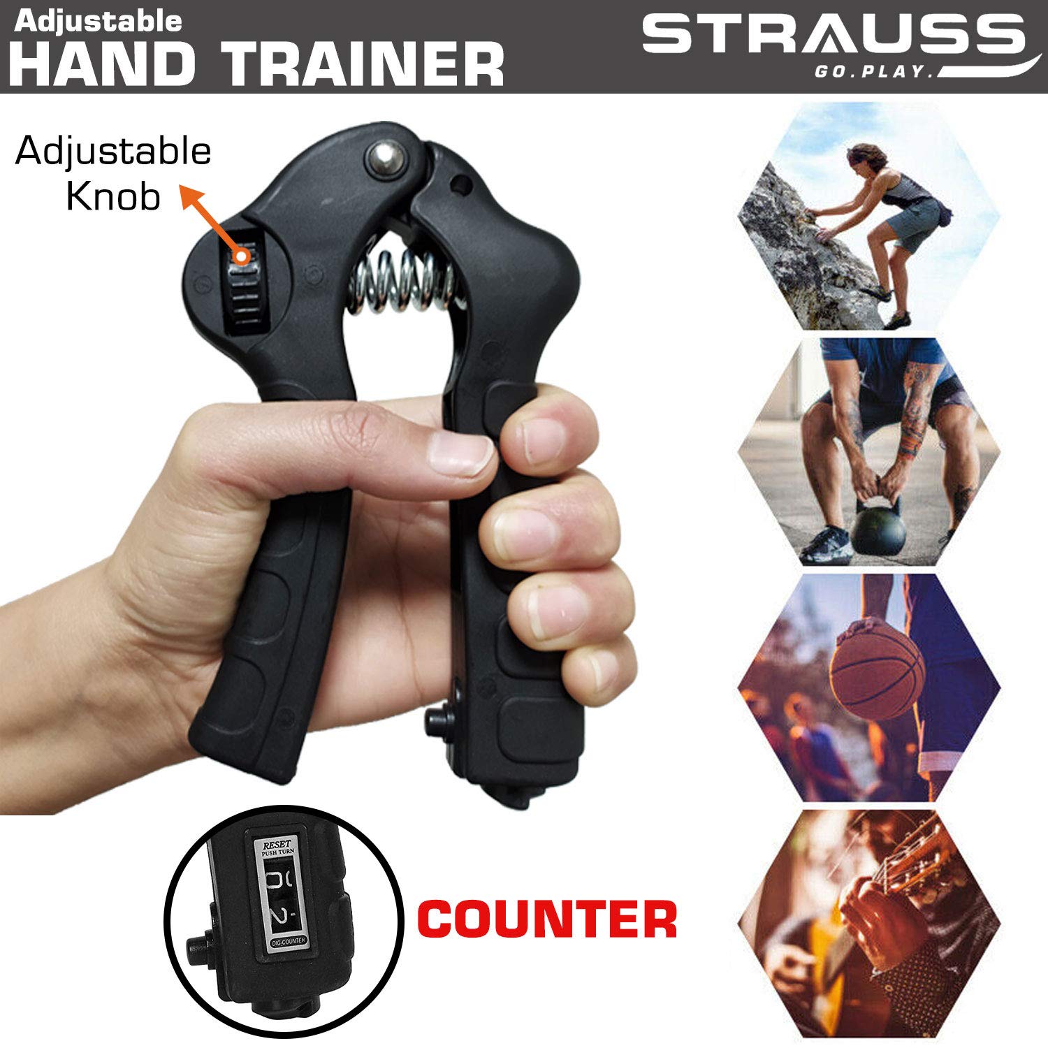Strauss Adjustable Hand Grip Strengthener with Counter, (Black)
