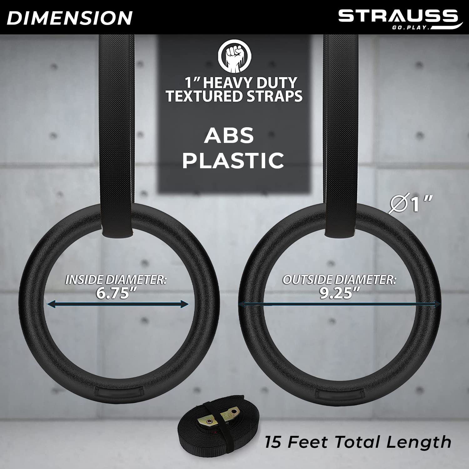 Strauss ABS Gymnastics Ring with Adjustable Straps for Crossfit Strength Training, (Black)