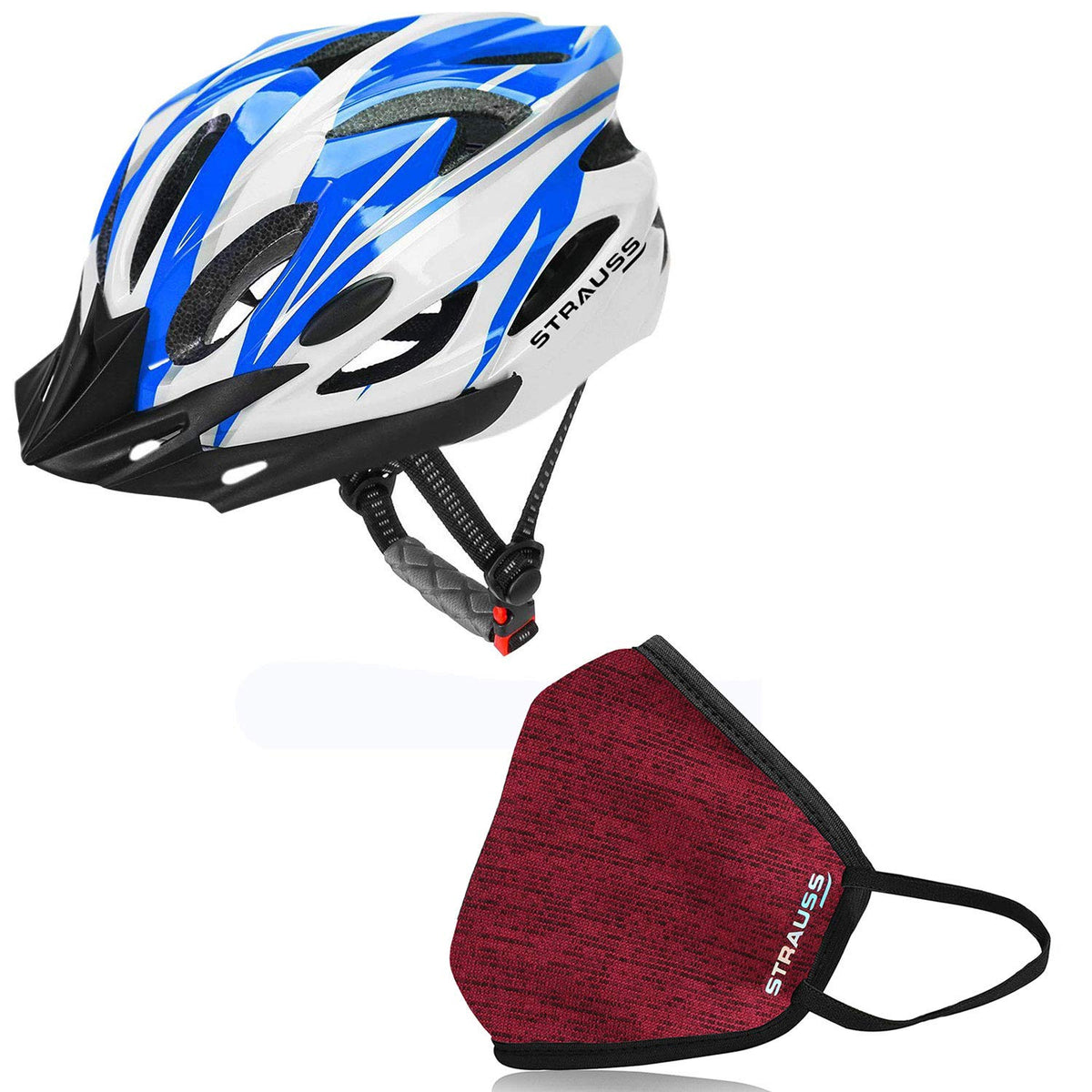 Strauss Cycling Helmet, (White/Blue) with Face Protection Mask, Non Vent, Medium, (Red)