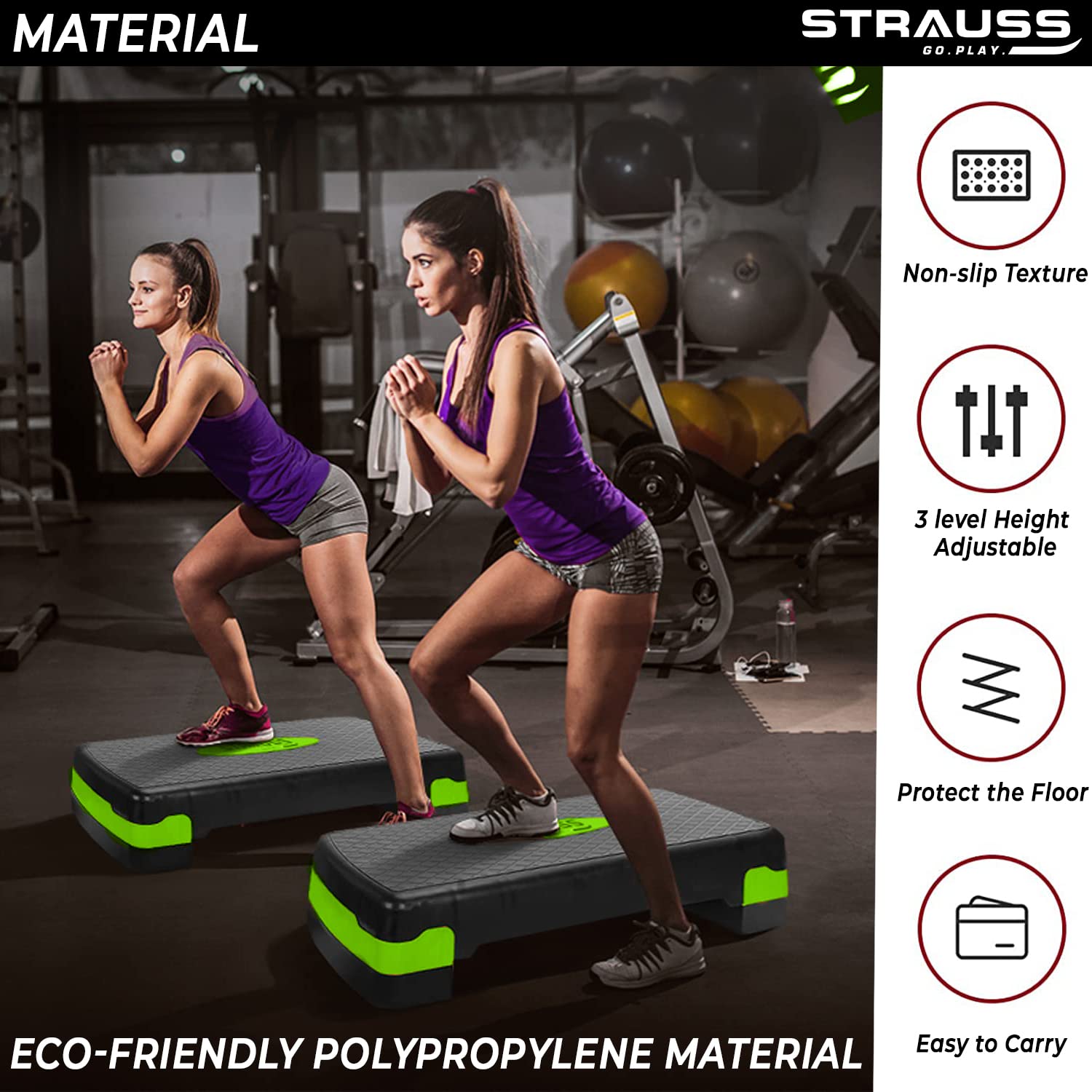 Strauss Aerobic Stepper | Two Height Level Adjustments - 4 inches and 6 inches | Slip-Resistant & Shock Absorbing Platform for Extra-Durability - Supports Upto 200 KG, (Green)
