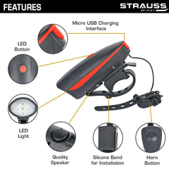 Strauss Rechargeable Bike Horn and Light, (Red)