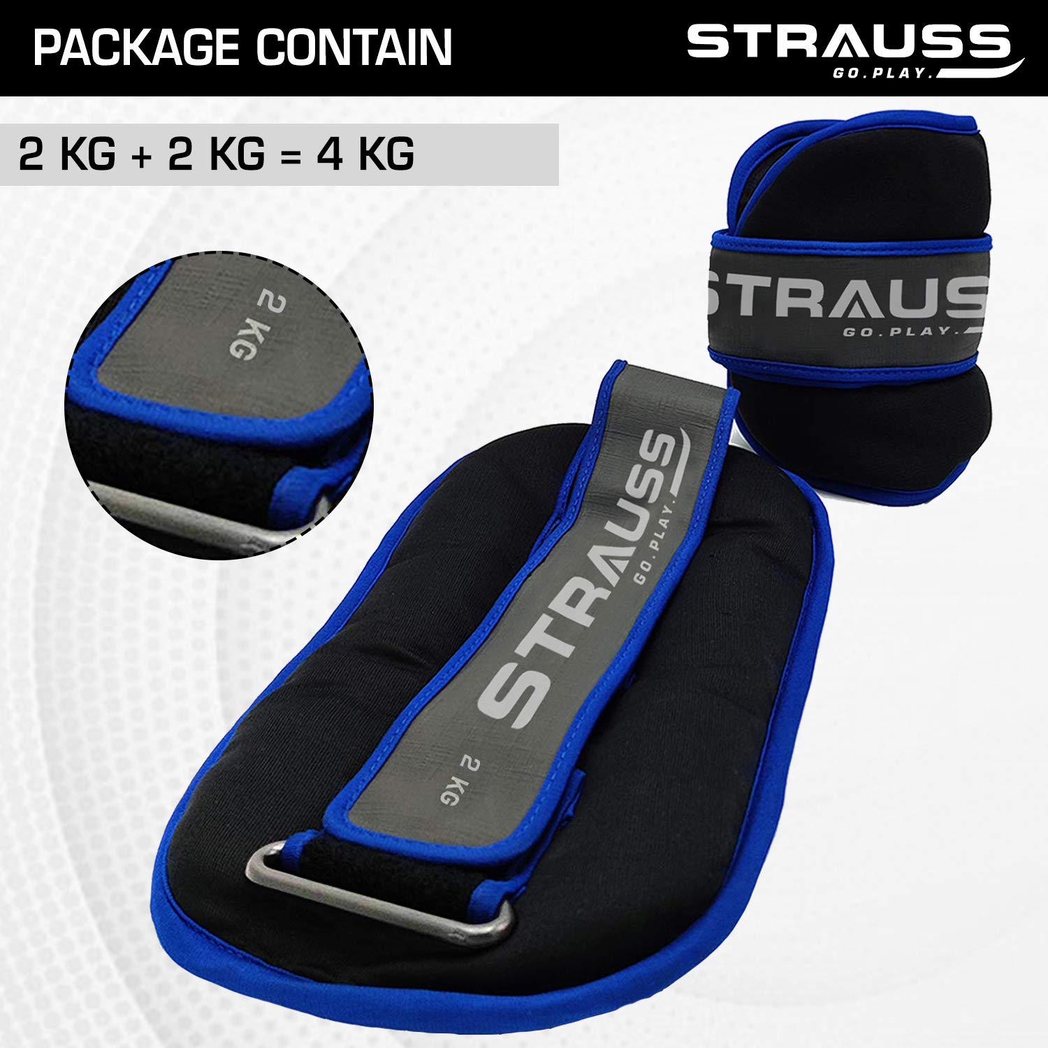 Strauss Round Shape Adjustable Ankle Weight/Wrist Weights 2 KG X 2 | Ideal for Walking, Running, Jogging, Cycling, Gym, Workout & Strength Training | Easy to Use on Ankle, Wrist, Leg, (Blue)