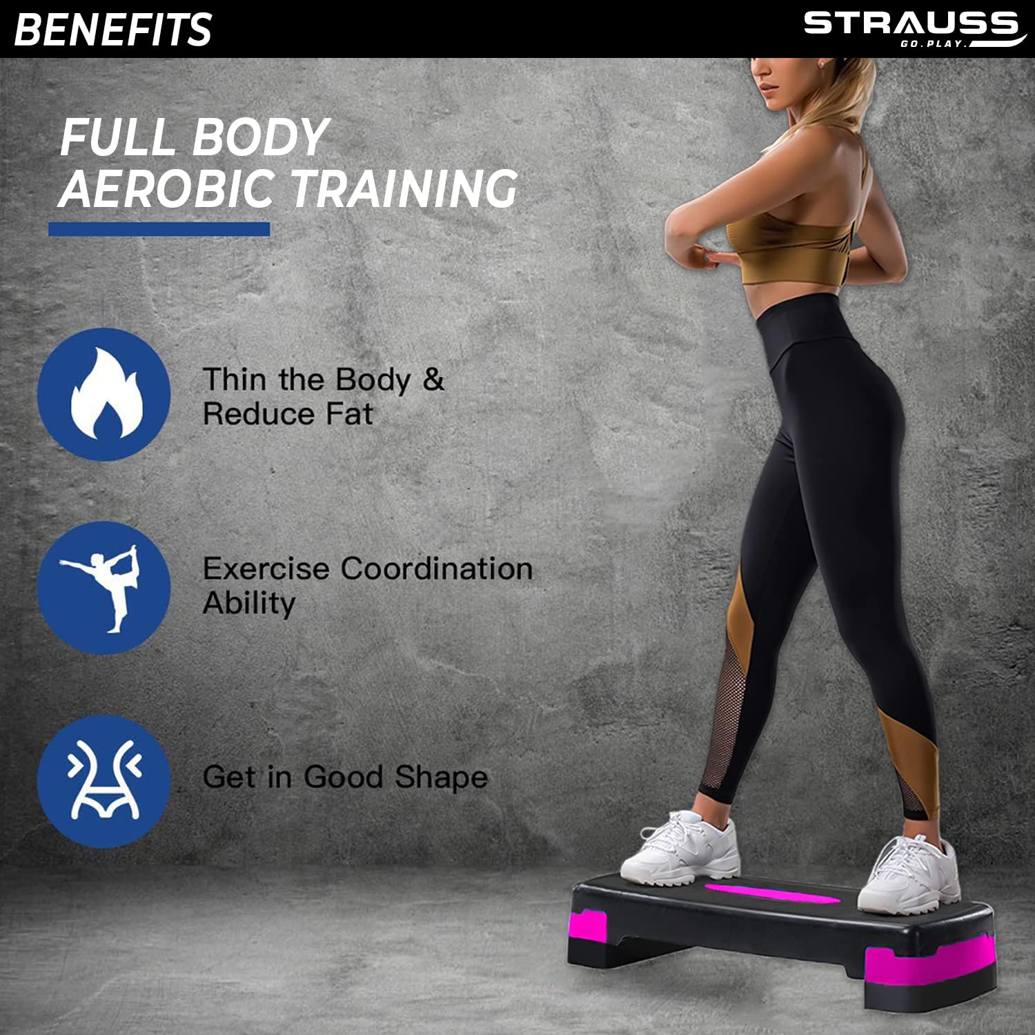 Strauss Aerobic Stepper | Two Height Level Adjustments - 4 inches and 6 inches | Slip-Resistant & Shock Absorbing Platform for Extra-Durability - Supports Upto 200 KG, (Pink)