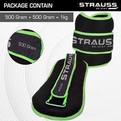Strauss Round Shape Adjustable Ankle Weight/Wrist Weights 0.5 KG X 2 | Ideal for Walking, Running, Jogging, Cycling, Gym, Workout & Strength Training | Easy to Use on Ankle, Wrist, Leg, (Green)