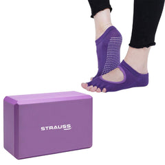 Strauss Yoga Block (Purple) and Yoga Socks, Dark Purple