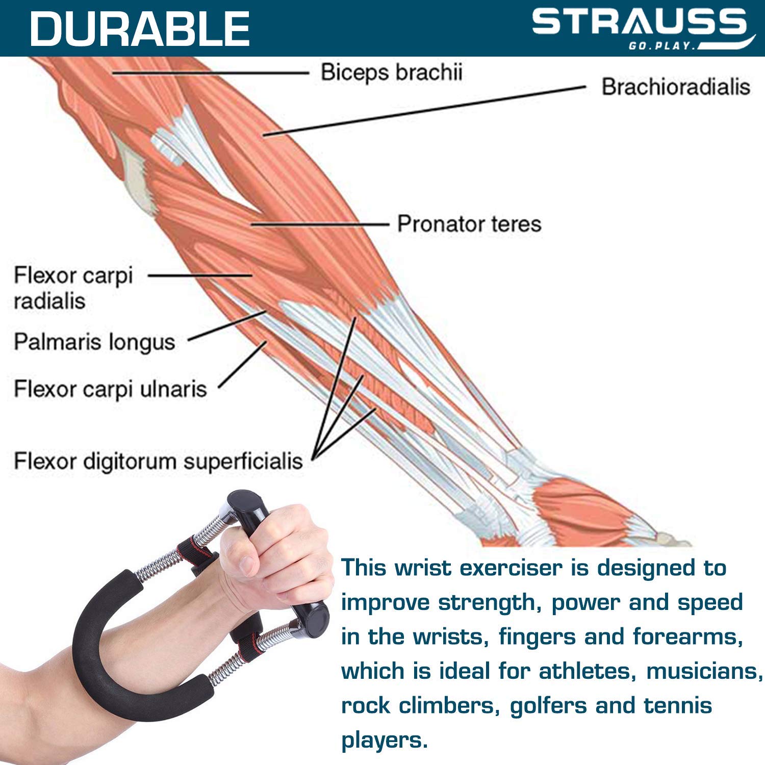 Strauss Adjustable Hand Grip Strengthener, (Black/Blue) and Wrist Exerciser, Black