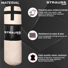 Strauss Canvas Heavy Duty Filled Gym Punching Bag | Comes with Hanging S Hook, Zippered Top Head Closure & Heavy Straps | 4 Feet, (Cream/Black)