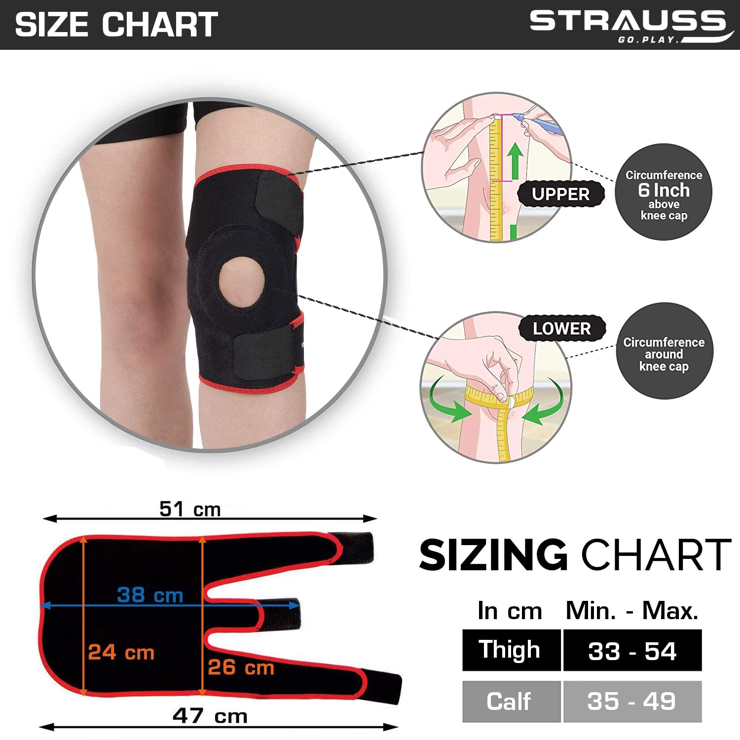 STRAUSS Adjustable Knee Support Patella | Breathable Knee Cap for Knee Pain, Gym Workout, Running, Arthritis and Protection | Knee Brace for Knee Pain Relief | For Men and Women | Size: Free Size, (Black/Red)