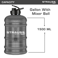 STRAUSS Gallon Shaker Water Bottle 1.5L with Mixer Ball, (Transparent, Black Shade, Plastic, Pack of 1)