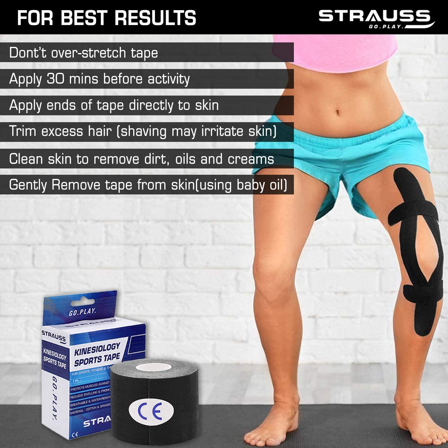 Strauss Kinesiology Sports Tape Knee, Calf & Thigh Support, (Black), (Pack of 2)