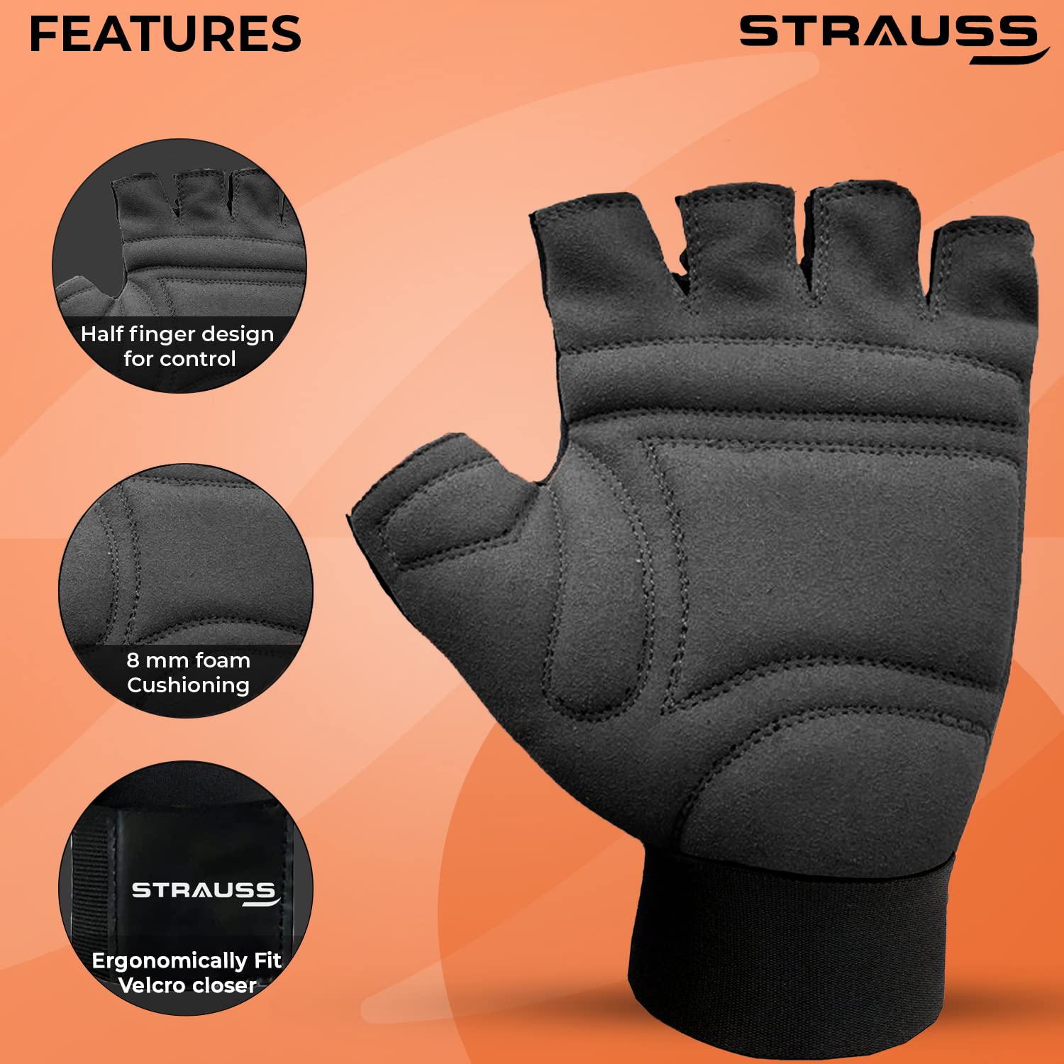 STRAUSS Suede Gym Gloves for Weightlifting, Training, Cycling, Exercise Gym Half Finger Design, 8mm Foam Cushioning, Anti-Slip Breathable Lycra