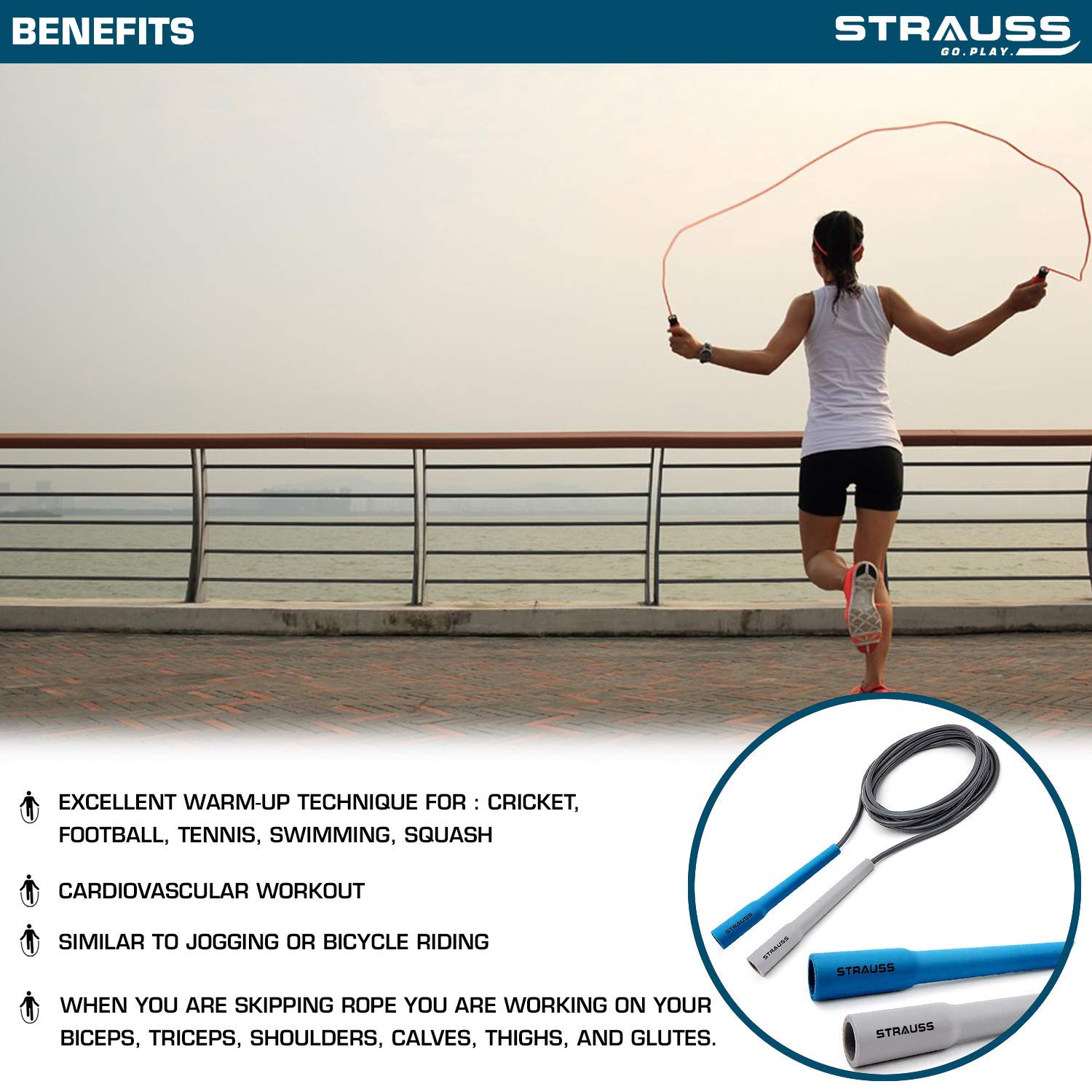 Strauss Skipping Rope, (Blue/Grey) With Double Exercise Wheel