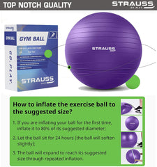 STRAUSS Anti-Burst Rubber Gym Ball with Free Foot Pump | Round Shape Swiss Ball for Exercise, Workout, Yoga, Pregnancy, Birthing, Balance & Stability, 75 cm, (Purple)
