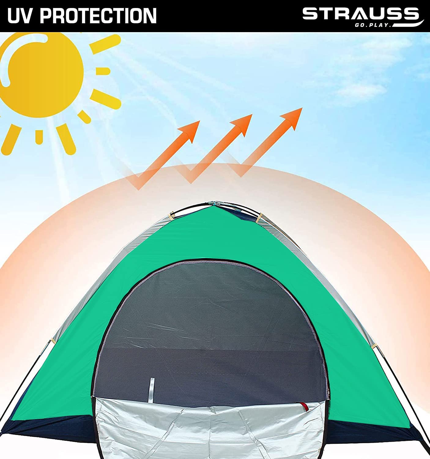 STRAUSS Portable Camping Tent - Quick 5-10 Minute Setup | Waterproof Tent for Camping | Superior Air Ventilation | Ideal Tent House for Camping| Camping Accessories | Ideal for 2 Persons,(Blue/Green)