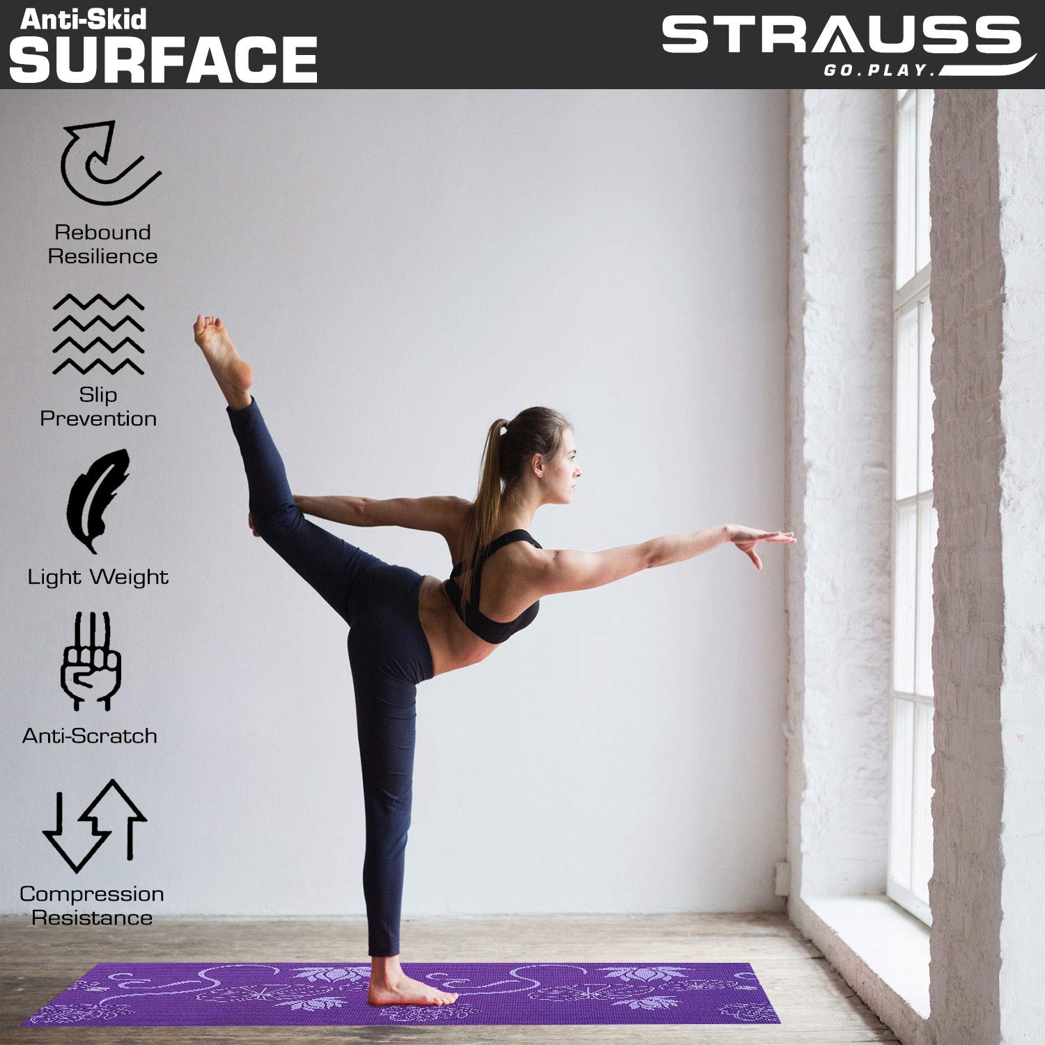 Strauss Yoga Mat 6MM (Floral Green) and Yoga Mat Strap, (Purple)