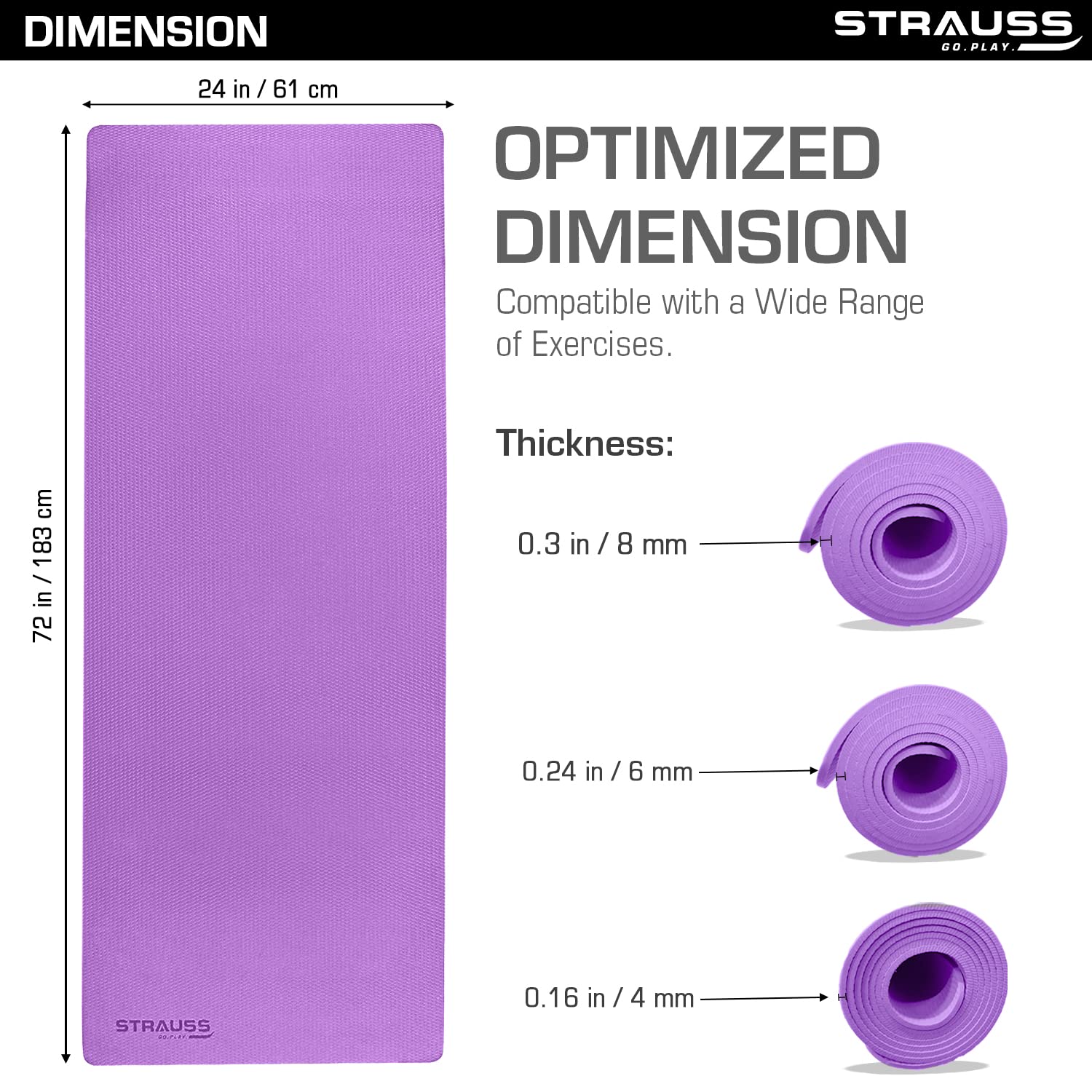 Strauss Anti Skid EVA Yoga Mat with Carry Strap, 6mm, (Purple)