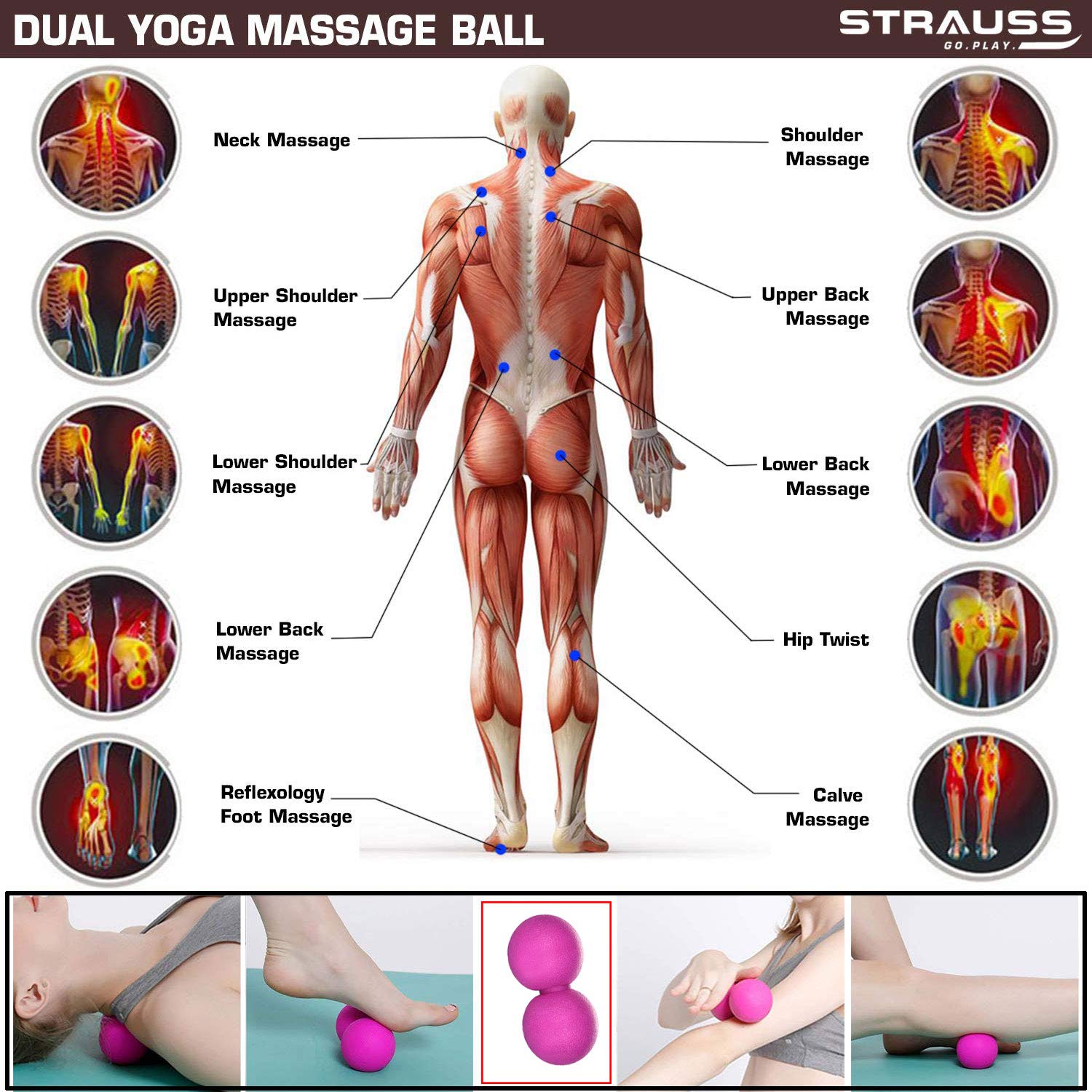 Strauss Foam Roller (Pink), 30 cm and Dual Yoga Massage Ball (Pink)