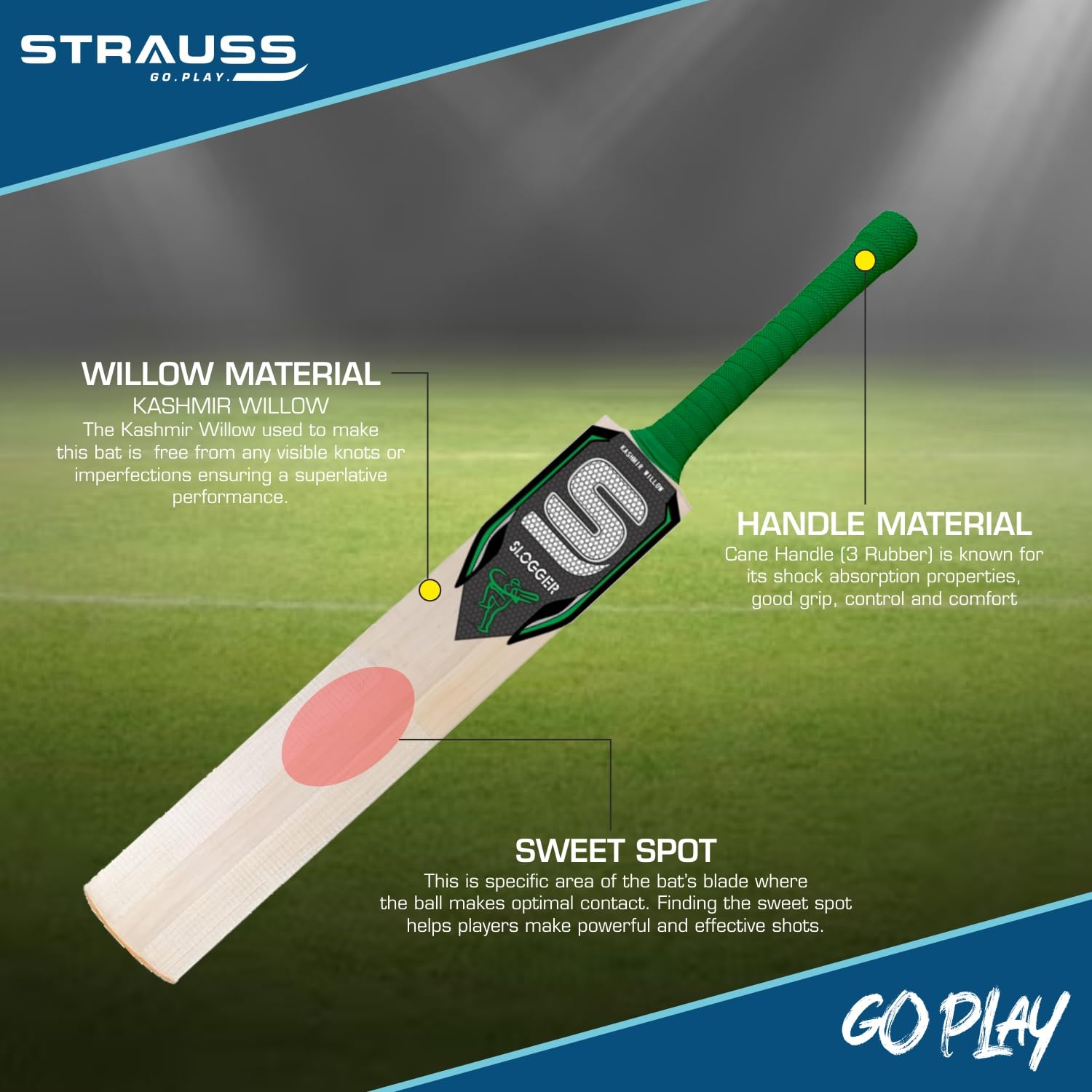 Strauss Slogger Cricket Bat | Kashmir Willow | Cricket Bat with Grip for Gully Cricket & Tournament Match | Standard Tennis Ball Bat for Cricket | Size: 5 (800-900 Grams)