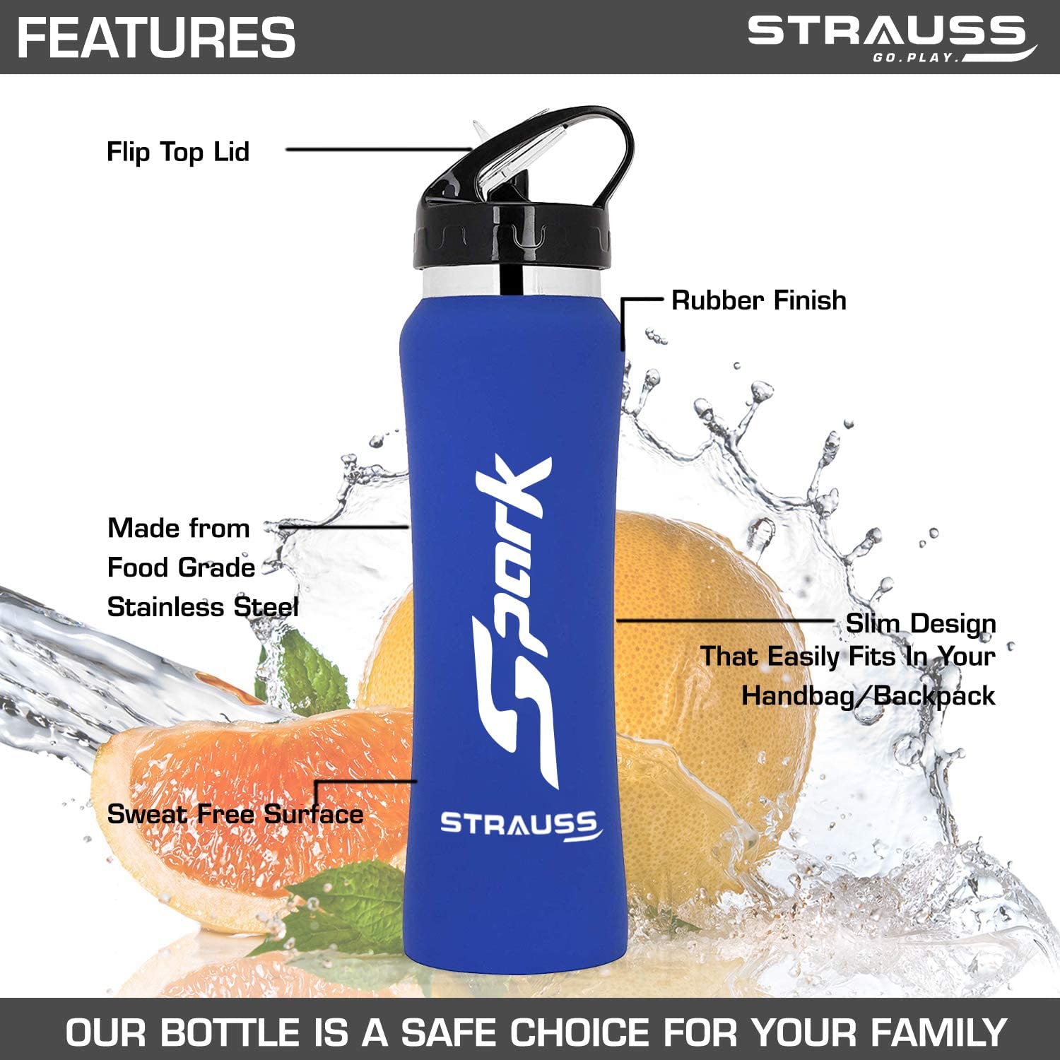 STRAUSS Spark Stainless Steel Water Bottle, Rubber Finish | Sipper Bottle | Gym Bottle
