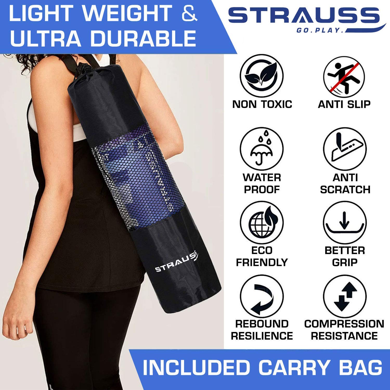 Strauss Extra Thick Yoga Mat with Carrying Strap, 13 mm (Black) –  StraussSport