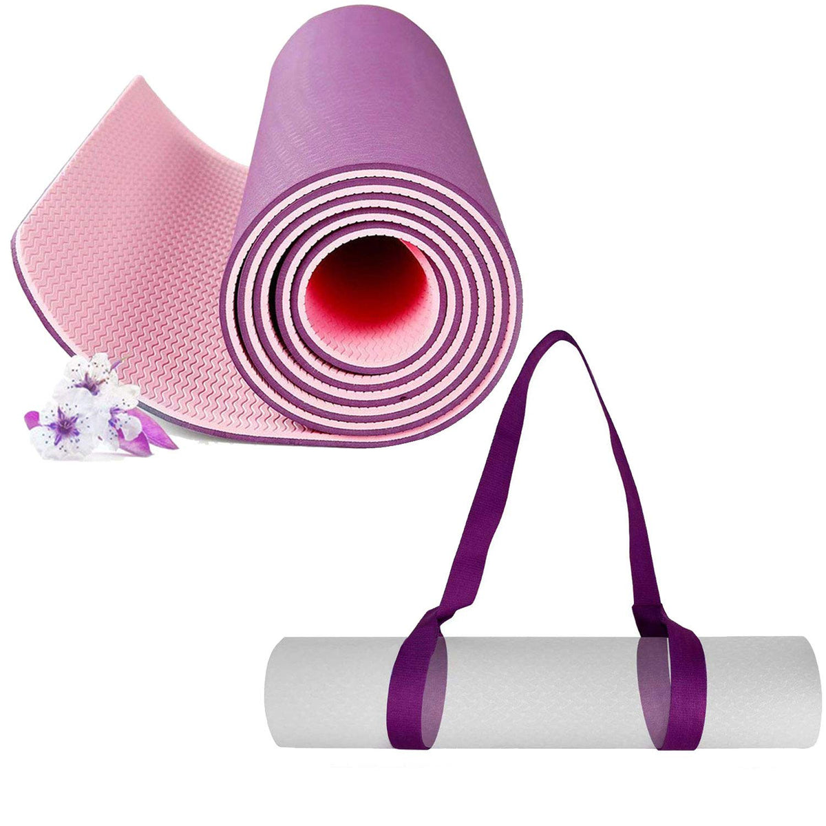 Strauss TPE Eco Friendly Dual Layer Yoga Mat, 6 mm (Pink) and Yoga Mat Strap, (Purple)