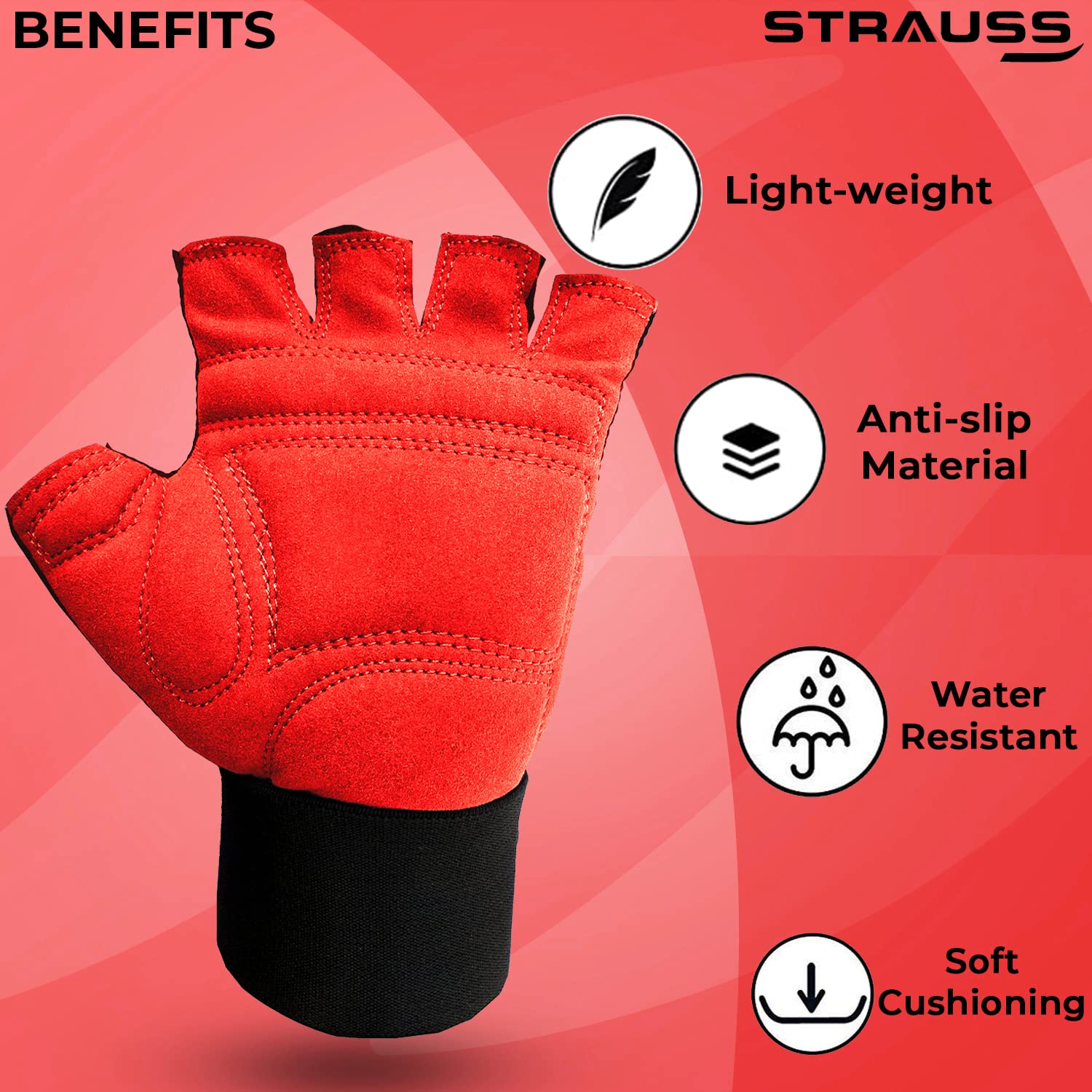 STRAUSS Suede Gym Gloves for Weightlifting, Training, Cycling, Exercise & Gym | Half Finger Design, 8mm Foam Cushioning, Anti-Slip & Breathable Lycra Material, (Red/Black), (Extra Large)