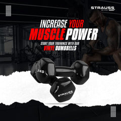 Strauss Premium Vinyl Dumbbells Weight for Men & Women | 2 Kg (Each) | 4 Kg (Pair) | Ideal for Home Workout, Yoga, Pilates, Gym Exercises | Non-Slip, Easy to Hold, Scratch Resistant (Black)