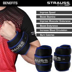 Strauss Ankle Weights for Exercise & Fitness|Adjustable Round Belt Design|Leg Weights for Strength Training,Walking Running, Jogging,Exercise & Gym Workout|Comfortable & Durable| 1Kg(Each)(Blue Pair)