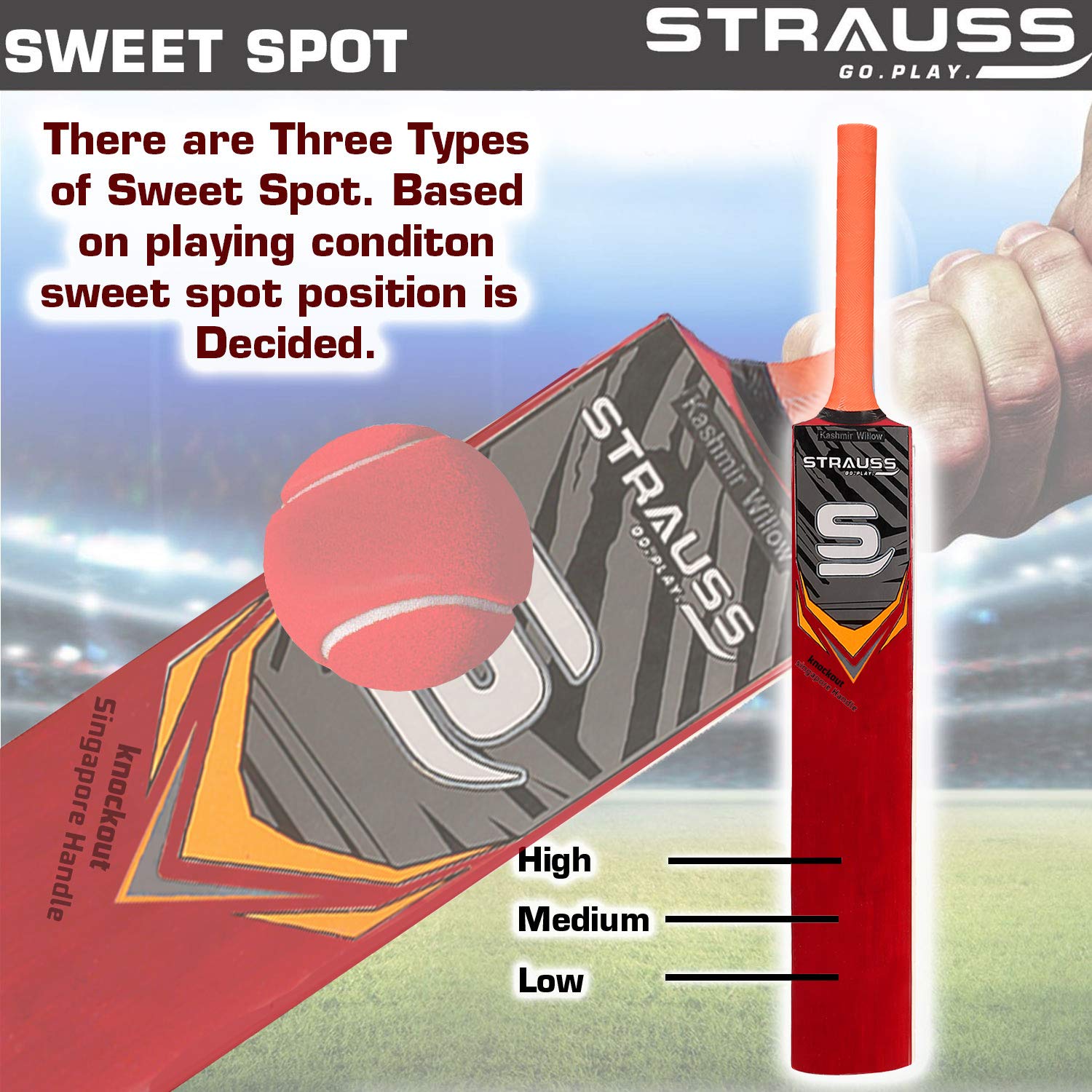 Strauss Knockout Scoop Tennis Cricket Bat,Full Duco,Red, (Singapur Handle)