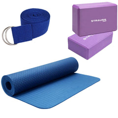 Strauss Eco-Friendly Single Texture TPE Yoga Mat 6 mm (Blue), Yoga Block (Purple) Pair and Yoga Belt (Blue)