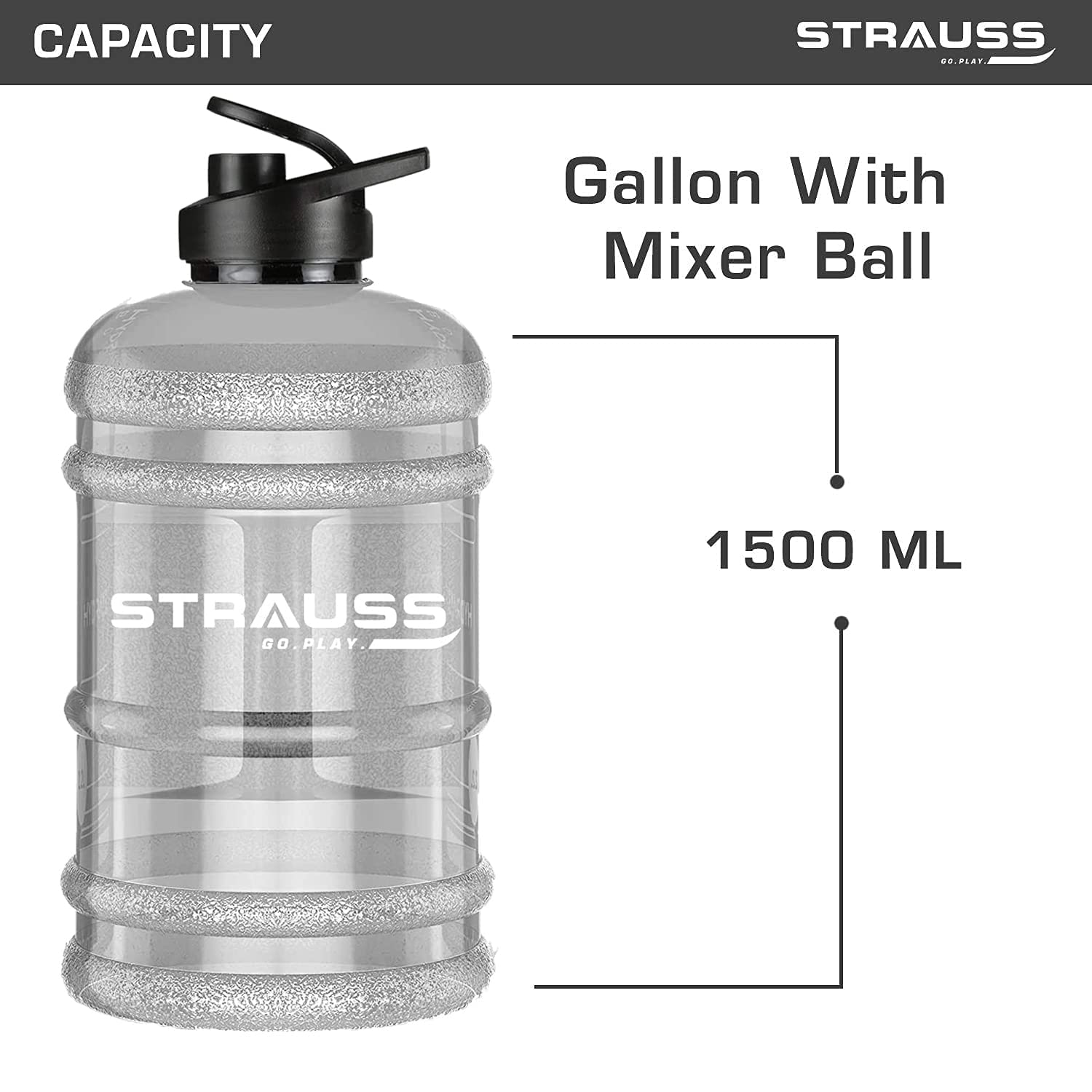 STRAUSS Gallon Shaker Water Bottle 1.5L with Mixer Ball, (Transparent, White Shade)