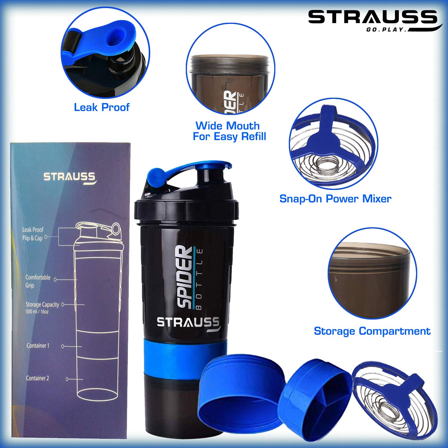 STRAUSS Spider Shaker Bottle 500 ml, (Blue)