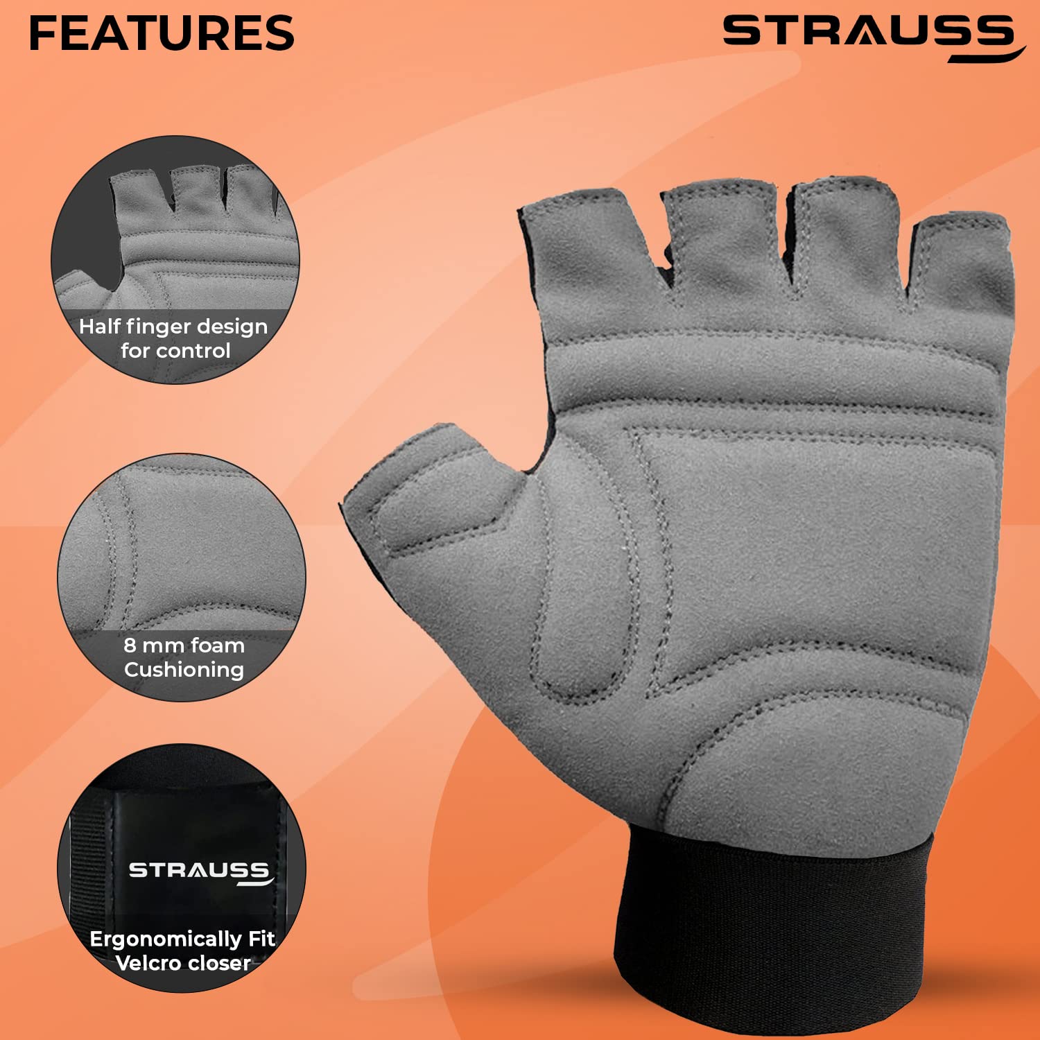 STRAUSS Suede Gym Gloves for Weightlifting, Training, Cycling, Exercise & Gym | Half Finger Design, 8mm Foam Cushioning, Anti-Slip & Breathable Lycra Material, (Grey/Black), (Medium)