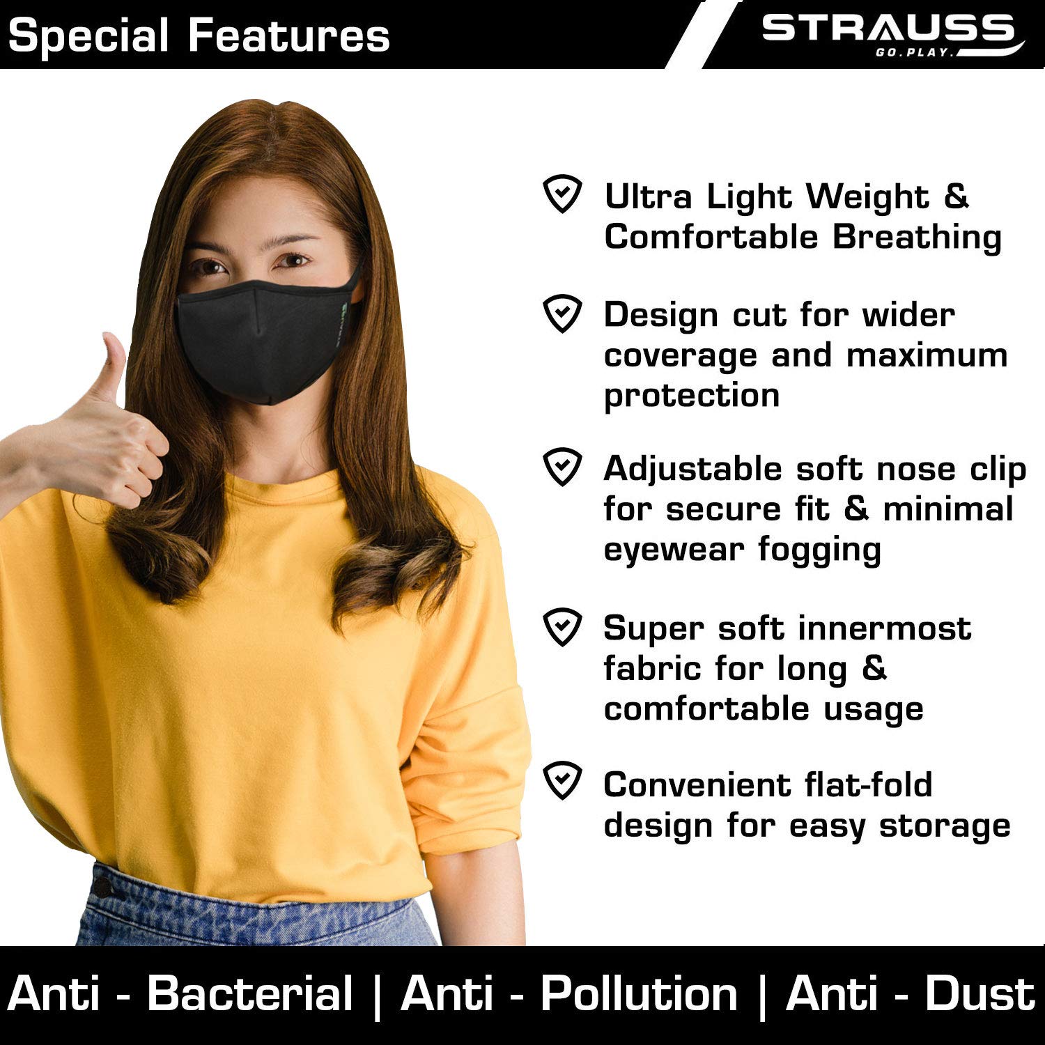 STRAUSS Unisex Anti-Bacterial Protection Mask, Non Vent, Large, (Black)