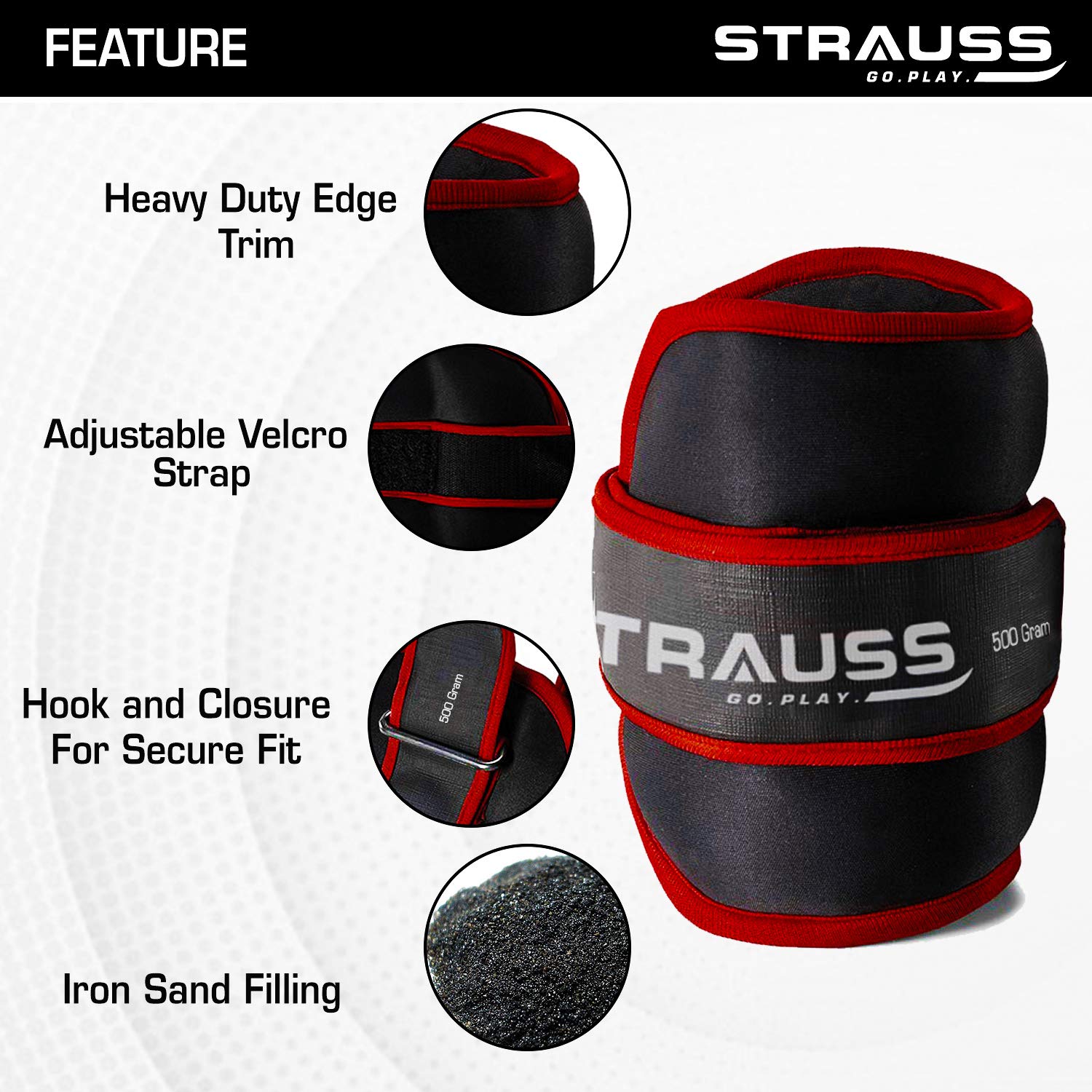 Strauss Round Shape Adjustable Ankle Weight/Wrist Weights 0.5 KG X 2 | Ideal for Walking, Running, Jogging, Cycling, Gym, Workout & Strength Training | Easy to Use on Ankle, Wrist, Leg, (Red)
