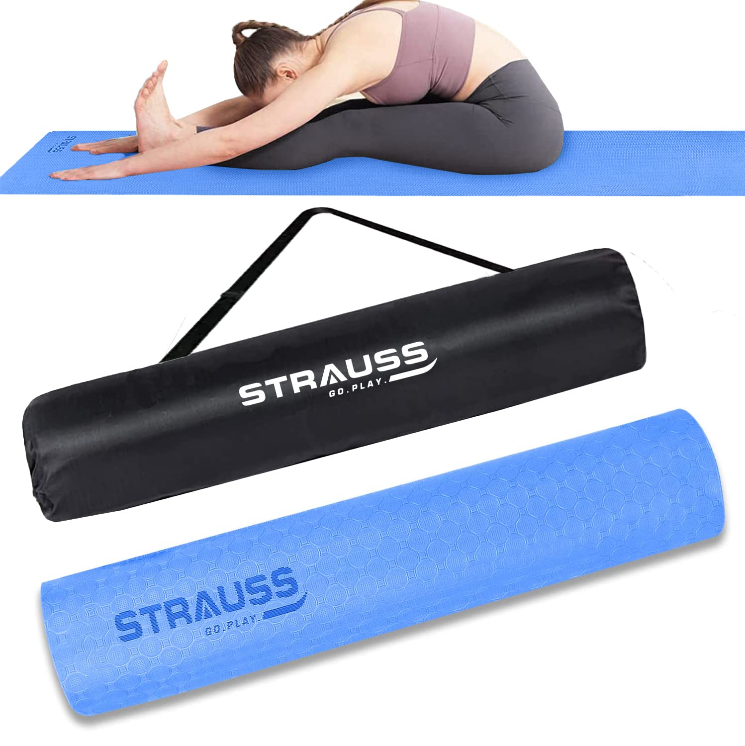 Strauss Anti Skid TPE Yoga Mat with Carry Bag, 8mm, (Sky Blue)