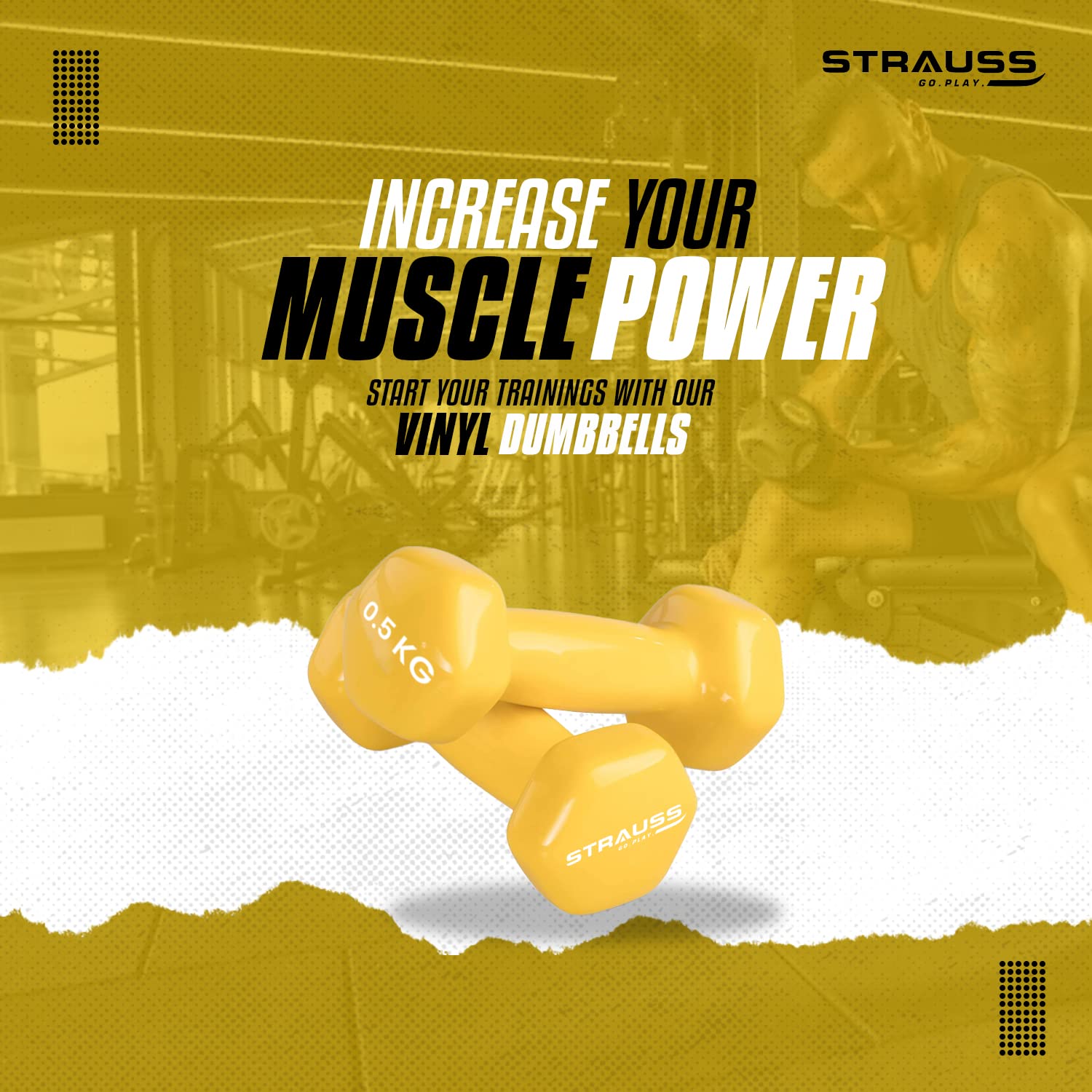 Strauss Premium Vinyl Dumbbells Weight for Men & Women | 0.5 Kg (Each) | 1 Kg (Pair) | Ideal for Home Workout, Yoga, Pilates, Gym Exercises | Non-Slip, Easy to Hold, Scratch Resistant (Yellow)